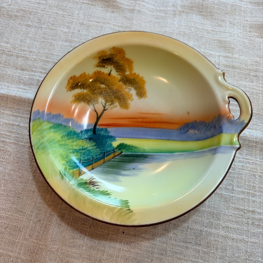 Vintage Noritake Nippon Hand Painted Landscape Porcelain Dish M in Wreath 5in